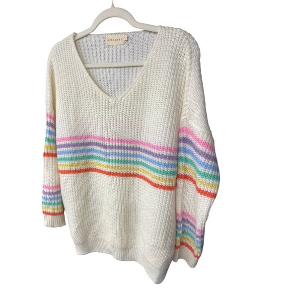White Rainbow Stripe V Neck Sweater Small Medium - Picture 1 of 4